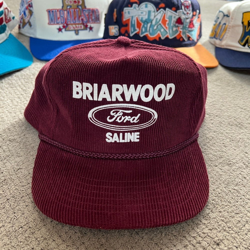 Vintage 1980s Briarwood Ford Saline Corduroy Snapback Hat Maroon Trucker Cap